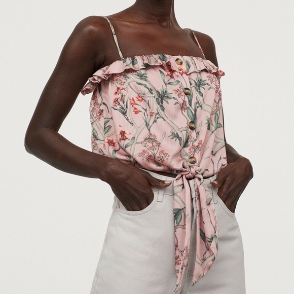 Johanna Ortiz x H&M Tie-hem Blouse Crop Top Floral Botanical Pink M - Picture 5 of 6